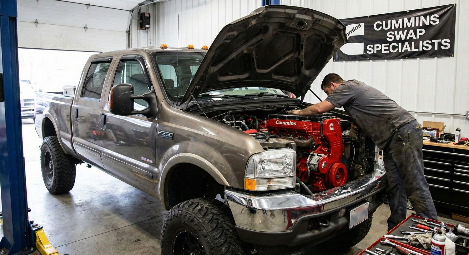 Person working on a truck engine in a garage with a Cummins Swap Specialists sign.
